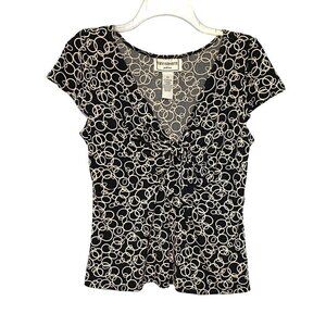 Karin Stevens Petites Black & White Short Sleeve V-Neck Blouse Women's Size 10P